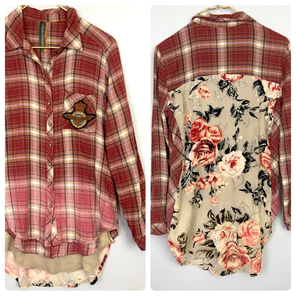 Aratta Silent Journey Heart Breaker Gauzy Plaid Velvet Burnout Mixed Media Top